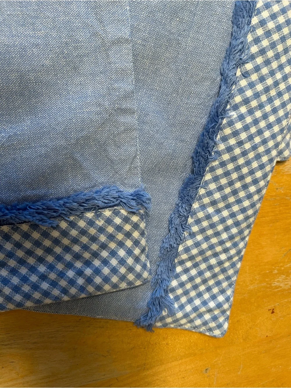 Chambray Placemats (4) 12”x18”, Light Blue with Blue Fringe & Checked Border Exc